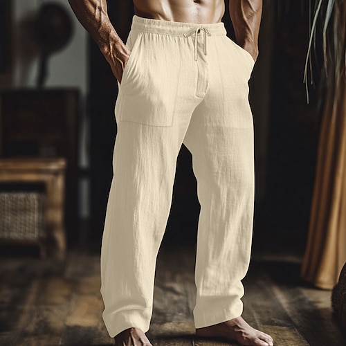 Herren Leinenhosen Hose Sommerhose Baggy-Hosen Elastischer Bund Gerader Schnitt Einfach Komfort Atmungsaktiv Volle Länge Lässig Täglich Ferien Mode Klassicher Stil Lässiger Schnitt Schwarz Grün Image