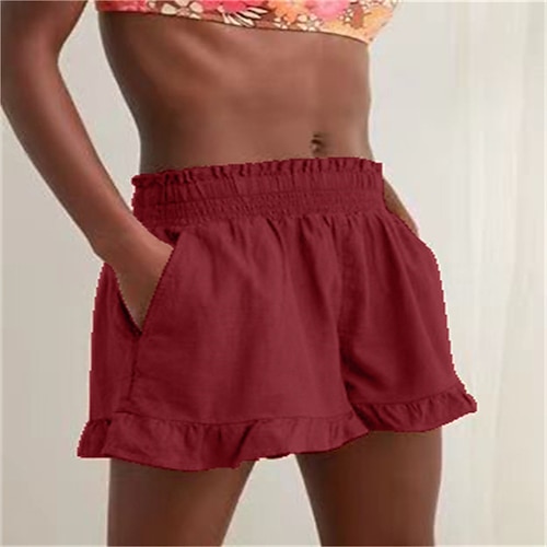 Damen Kunstbaumwollleinen Shorts Strandshorts Baggy-Shorts Mode Streetwear Komfort Kurz Mittlere Taille Einfach Elastischer Bund Bequem Außenbereich Straße Alltagskleidung Ausgehen Wein Schwarz Rosa Image