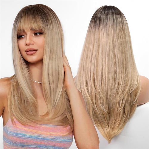 lange glatte Perücken für Frauen mit Pony, geschichtete synthetische Aschblondperücken mit dunklen Wurzeln für Frauen Image