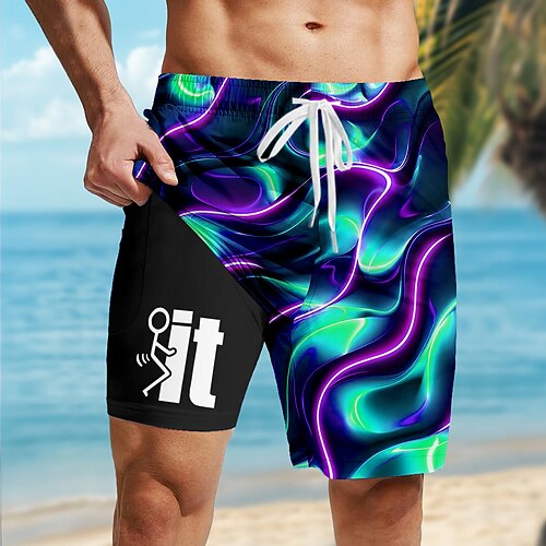 Herren Geometrisch Linien / Wellen Neon Gefütterte Shorts 2 in 1 Badeshorts Badeshorts Mittlere Taille Hawaiianisch Ferien Seitentaschen Mit Kompressionsfutter Elastischer Kordelzug in der Taille Image