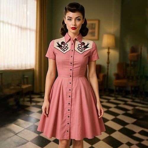 1950er Retro Vintage Mini Hemdkleid Cowgirl Knopfleiste 3D-Druck Kostüm Damen Maskerade Lässig Urlaub Teegesellschaft Erwachsene Kleid Frühling Sommer Image