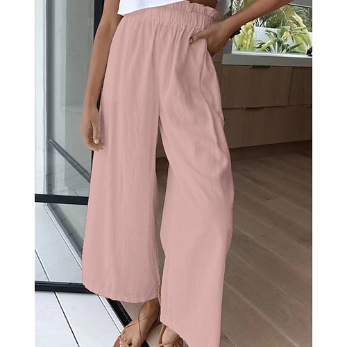 Damen Kunstbaumwollleinen Weite Hosenbeine Stoffhosen Mode Streetwear Volle Länge Natürliche Taille Einfach Elastischer Bund Bequem Außenbereich Straße Ausgehen Weiß Rosa Wein Armeegrün Sommer Image