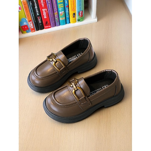 Schwarze Loafer aus Kunstleder mit goldener Schnalle für kleine Mädchen – klassische Schuluniform-Abendschuhe für Kinder Image