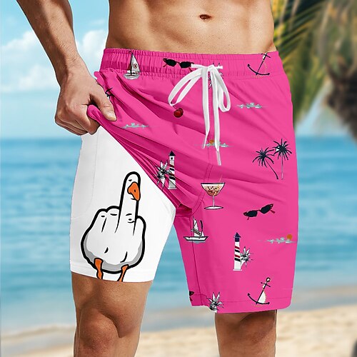 Herren Kokospalme Lustig Ente Gefütterte Shorts 2 in 1 Badeshorts Badeshorts Mittlere Taille Hawaiianisch Urlaub Strandbekleidung Seitentaschen Mit Kompressionsfutter Elastischer Kordelzug in der Image