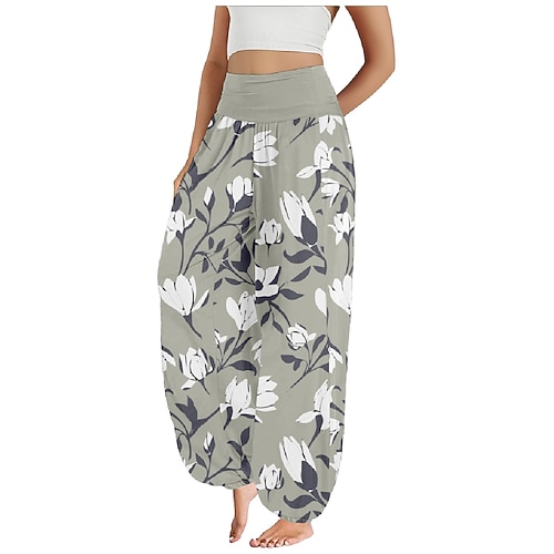 Damen Kunstbaumwollleinen Weites Bein Hosen Hose Ethno-Stil Lässig Boho Volle Länge Hohe Taille Blumen Tasche Elastischer Bund Drucken Atmungsaktivität Weich Mikroelastisch Outdoor Yoga Leicht Grün Image
