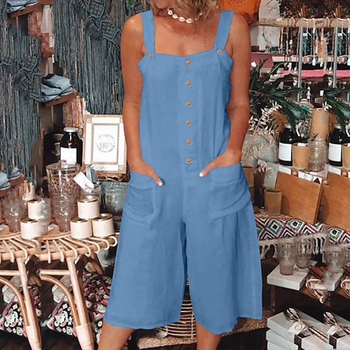 Damen-Latzhose, lässig, einfarbig, ärmellos, U-Ausschnitt, Knöpfe, Tasche, Baumwollmischung, normale Passform, weiß, rosa, blau, Sommer Image