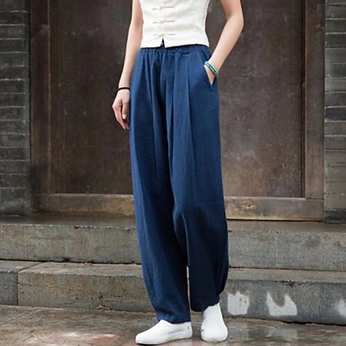 Damen Hose aus Baumwollleinen Stoffhosen Streetwear Lässig Volle Länge Natürliche Taille Einfach Tasche Elastischer Bund Bequem Täglich Wochenende Aprikose Schwarz Dunkelmarine Grün Sommer Normale Image