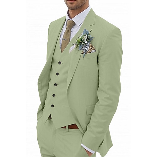 Herren Smokings Leinenanzüge Strandhochzeit Hochzeit Himmelblau Salbei Frühling, Herbst, Winter, Sommer Anzug Fallendes Revers Einfarbig Figurbetonter Schnitt 3-teilig Einreiher - 1 Knopf Image