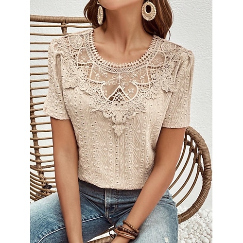 Damen T Shirt Spitze Patchwork Einfach Mode Modern Lässig Kurzarm Rundhalsausschnitt Normale Oberteile Täglich Wochenende Blau Schwarz Weiß Rosa Khaki Sommer Image