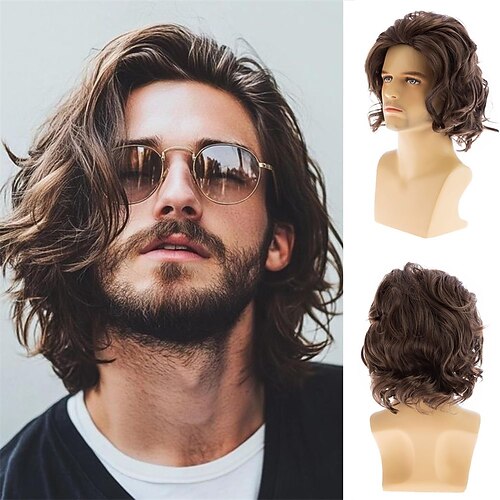 kurze gewellte braune Perücken für Männer, natürlich geschichtete Cosplay-Haarperücke Image