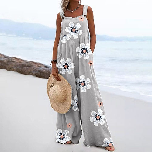 Damen Latzhose mit Blumendruck, Jumpsuit, Streetwear, ärmellos, U-Ausschnitt, Tasche, Street, Alltag, normale Passform, rosa, marineblau, hellgrau, Sommer Image