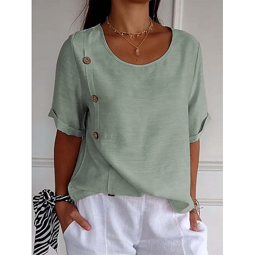 Damen Kunstbaumwollleinen Knöpfe Einfach Basic Kurzarm Rundhalsausschnitt Normale Oberteile Täglich Schwarz Weiß Armeegrün Marineblau Himmelblau Sommer Image