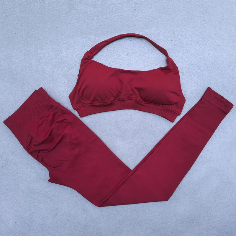 Ensemble de Legging de Yoga sans couture pour femmes, vêtements de sport froissés, Leggings de gymnastique, col licou, soutien-gorge de sport, vêtements d'entraînement 2 pièces