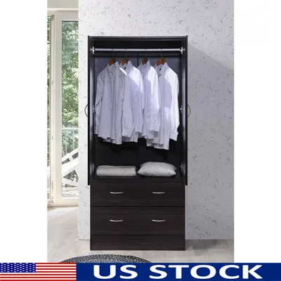 Two Door Wardrobe with Drawers Hanging Rod Storage Solution Bedroom Furniture Indoor Organization