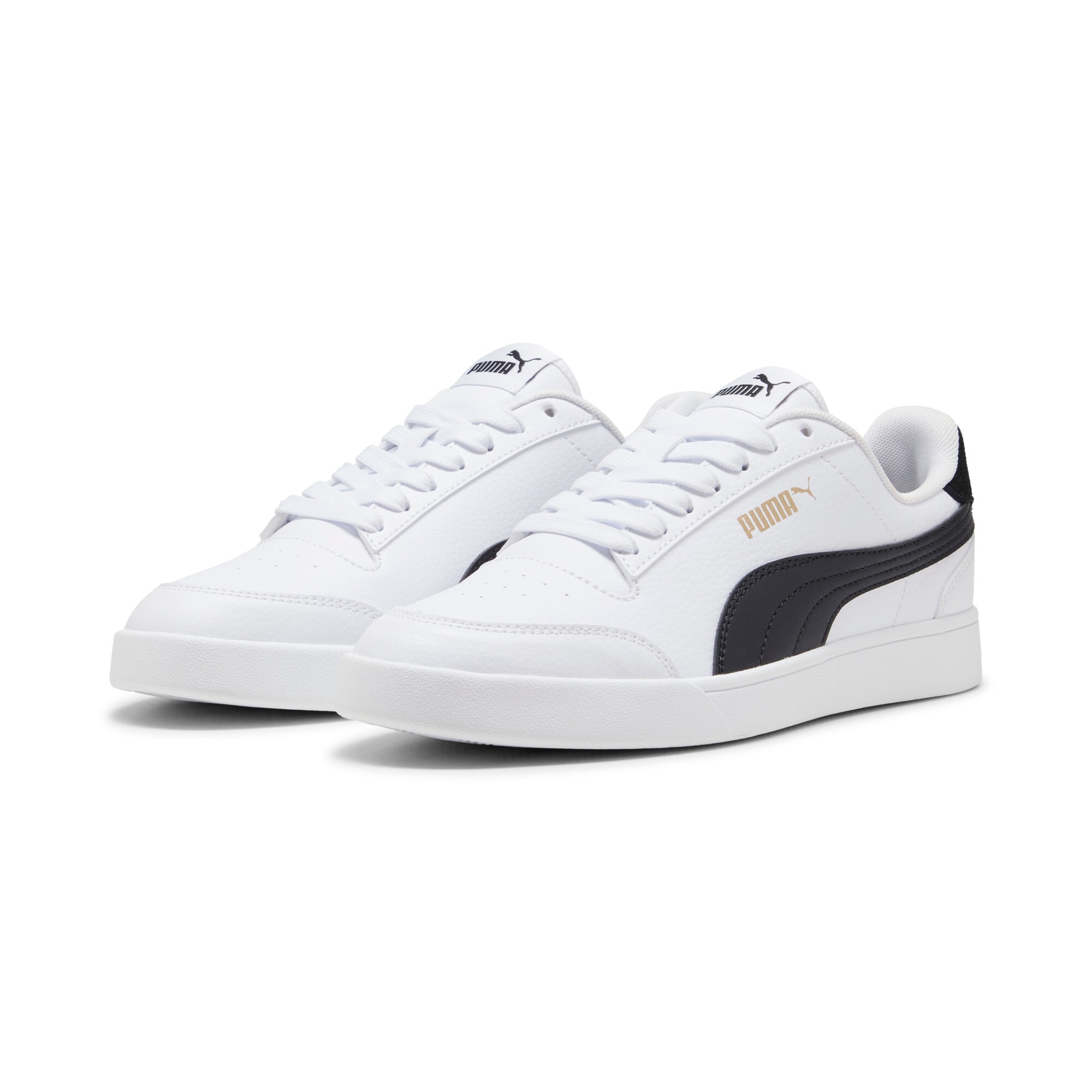 Sneaker PUMA "SHUFFLE", Damen, Gr. 44,5, puma weiß, puma schwarz, puma team gold, Synthetik, kontrastfarbene Details, mehrfarbig, Schuhe Sneaker