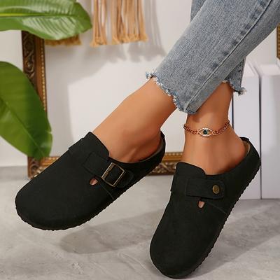 TEMU Women's Casual Black Mules With Strap & Button Detail - Comfortable Slip-on Flats, Round Toe, Rubber Sole, Wear, Versatile Footwear | Sleek | Durable Traction Footwear Image