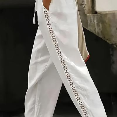 TEMU Women's Casual Lace Trim Cropped Pants - Solid Color, High-waisted With Adjustable Ankle Strap, Lightweight Polyester, Spring/summer/fal Image