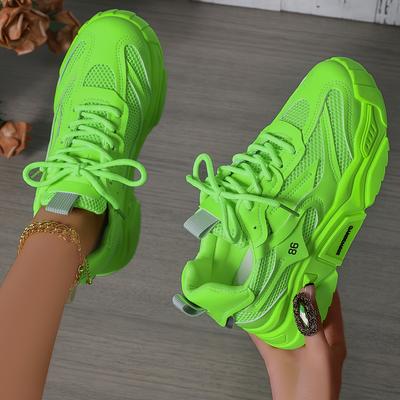 TEMU Women's Bright Neon Green Breathable Mesh Sneakers - Comfortable, Non-slip Rubber Sole, Lace-up For Casual Wear, Everyday Footwear | Sleek Sporty Design | Comfortable Insole, Cute Shoes Image