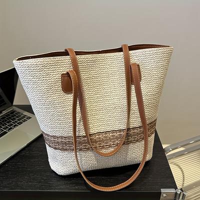 TEMU 1pc Stylish Large Woven Tote Bag For Women - Multi-material Design, Spacious Beach Bag With Shoulder Strap, Travel & Daily Use Beige/khaki Image