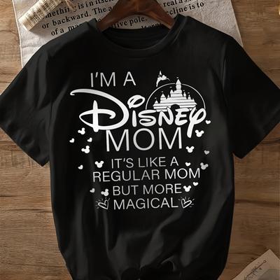 "TEMU "i'm A Mom" Graphic T-shirt - Black Cute Cartoon Castle & Hearts Design, Lightweight Spring/summer Casual Tee For Women, Day Gift Idea, Shirt" Image