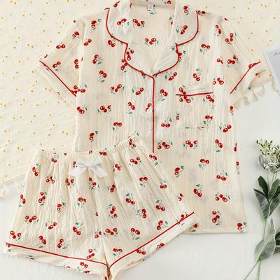 TEMU Bubble Chiffon Women's Summer Pajama Set With Sweet Cherry Print Short Sleeve Button-up Top And Bow Shorts Image