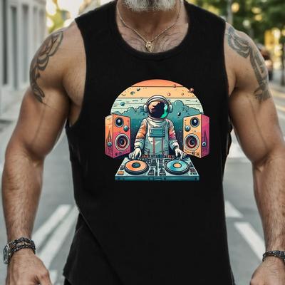 TEMU Men's Astronaut & Music Graphic Tank Top - Breathable Polyester, Casual Sleeveless Shirt For All Image