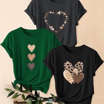 TEMU 3pcs Set - Collared - Heart Print Summer New Arrival Plus Size Women's Short Sleeve T-shirt, Casual Round Neck Top For Women Image