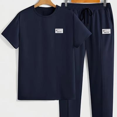 TEMU Men's 2pcs Round Neck T-shirt And Pants Set - Suitable For Casual , Business Events - Star Obm Image