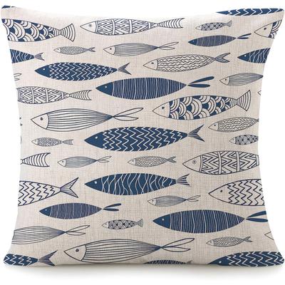 TEMU 1pc Blue Fish Sketch Linen Throw Pillow Cover - Decorative Case For Sofa Or Bed, Single-sided, No Insert, Contemporary Nautical Design, Machine Washable, Zipper Closure, Cute Pillows Image