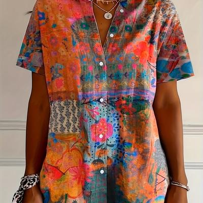TEMU Women's Plus Size Vibrant Floral Print Short Sleeve Button-up Shirt - Casual Retro Style, Non-stretch Fabric, Summer , Weekend Casual Attire | 3d | Buttonup Front, Floral Print Blous Image