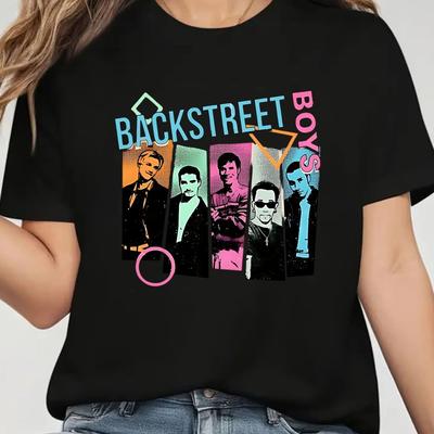 TEMU Backstreet Retro Pop Art T-shirt - Vibrant 90s Graphic Print, Short Sleeve Crew Neck, Perfect Gift For Music Fans, , Stretch Fabric, Wear, Fan Merchandise | Retro Graphic Tee | Graphic Print Image