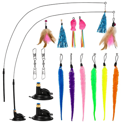 TEMU Cat Toys, 16 Pieces Cat Toys With Artificial Feathers, Cat Toys With 2 Pieces Retractable Interactive Cat Fishing Rod And 14 Pieces Artificial Feather/bug/mouse Replacement With Bells Image