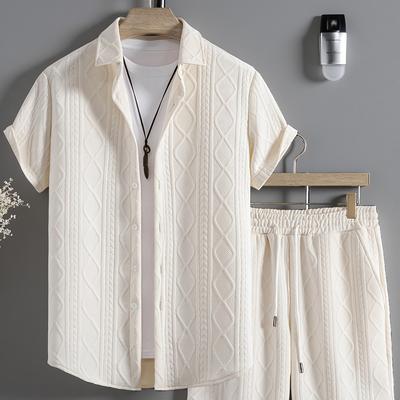 TEMU Men's Short Sleeve Shirt And Shorts Set, Thickened Solid Color Knit Jacquard Casual Comfortable High-quality Two-piece Suit Image