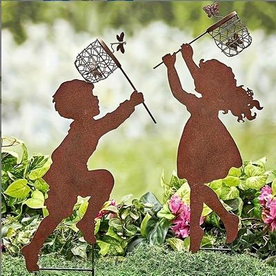 TEMU 2d Flat 1pc Metal Cutout Outdoor Farmhouse Decor: Add A Touch Of Whimsy To With This Boy And Girl Art Decoration! Image