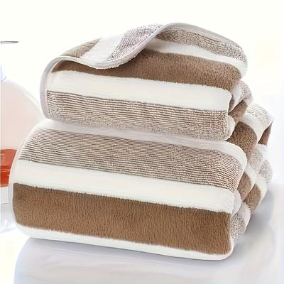TEMU Super Soft Striped Coral Fleece Towel Bath Towel Set, Large Bath Towel Absorbent Thick Set - Strong Absorbency, Absorbent Suitable For Swimming Pool, Bathroom, Gym, , Valentine's Day Day Gift Image