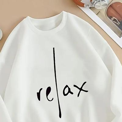 "TEMU Women' Sweatshirt, "relax" Letter Print, Casual Round Neck, Knitted Polyester, Autumn/winter, White" Image