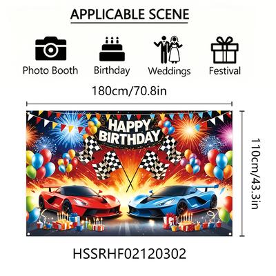 "TEMU 1pc Vibrant Cartoon Racing Theme Birthday Banner | " .3" | Supercar Design With "" Flags | Polyester | Indoor & Outdoor Party Decorations" Image