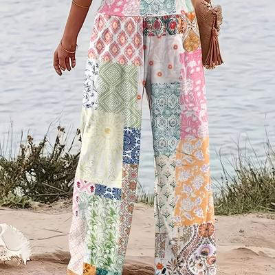 TEMU Women's Floral Wide-leg Pants - Casual Loose Fit, Vibrant , Spring & Fall, Ladies Pants Image