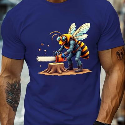 TEMU Men's Short Sleeve T-shirt Featuring A Chainsaw Bee With Human , A Casual . Image