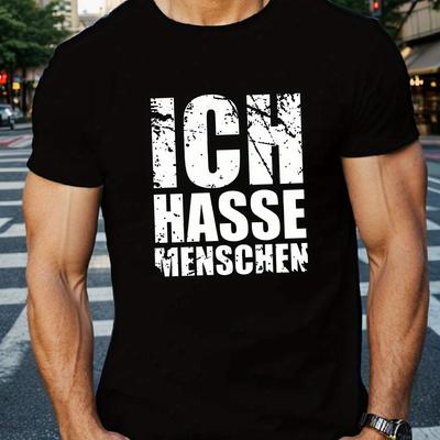 "TEMU "i Hate People" German Text Design - German Text, Men's Fashion Short-sleeve T-shirt, High-quality Pure Cotton 180g, Classic Round Neck Shirt, Suitable For Daily" Image