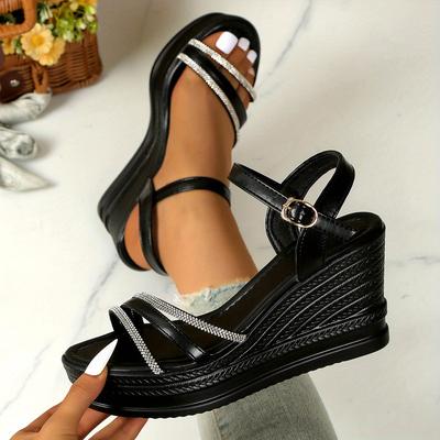 TEMU Women's Elegant Rhinestone-embellished Wedge Sandals - Open-toe Platform Heel With Adjustable Strap, Black Pu Cover Summer Beach Party Shoes For Casual & Formal Events, Ladies Sandals Image