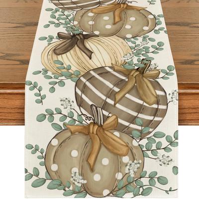 TEMU 1pc Table Runner, Pumpkins Polka Dot Stripes Eucalyptus Fall Table Runner, Autumn Thanksgiving Kitchen Dining Table Decoration For Home Party Decor, Home Supplies Image