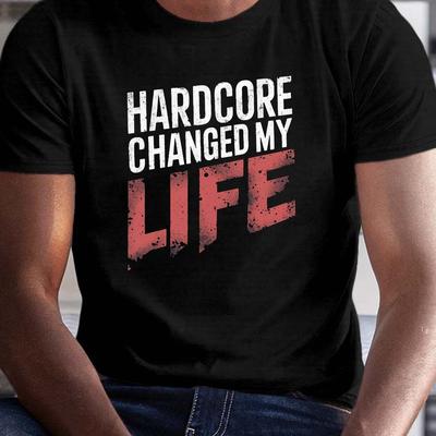 TEMU Plus Size Men's Graphic Tee - 'hardcore My Life' Print, Casual Crew Neck Short Sleeve T-shirt, Breathable Polyester, Machine Washable - Summer & , Plus Size Image