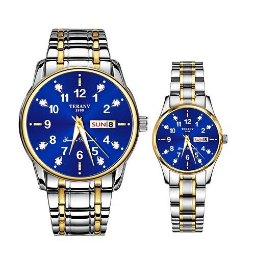 Coffret de montres à quartz pour couple 2 pièces – cadran numérique rond, étanchéité IPX7, aiguilles lumineuses, double calendrier (date et jour), bracelet en alliage, style professionnel unisexe, idéal pour les rendez-vous et les cadeaux