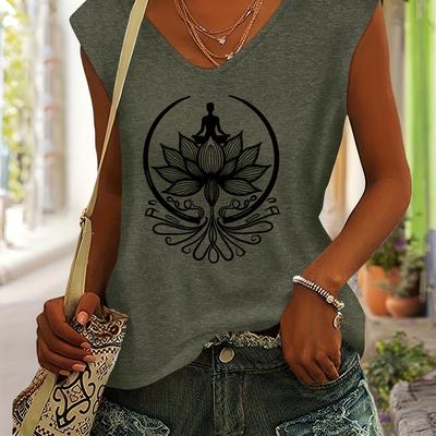 TEMU Women's Casual & Lotus Print T-shirt - Short Sleeve, V-neck, Comfortable Top With , Spring/summer, Everyday Tshirt | Floral Graphic Top | , Yoga Wear Image