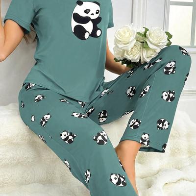 TEMU Women's Panda Print Pajama Set - Short Sleeve Top And Long Pants, Light Blue With Design, Casual Crew Neck, Polyester Knit Fabric, All Image