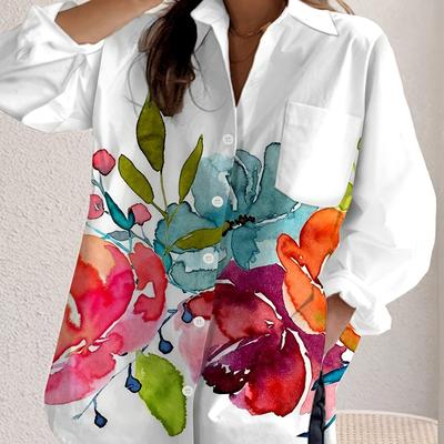 TEMU Elegant Floral Print Blouse For Women - Long Sleeve, Button-up Shirt With Lapel Collar, Spring/summer/fall, Vibrant Watercolor , Polyester Fabric, Casual Attire|vibrant Print Shirt|polyester Image