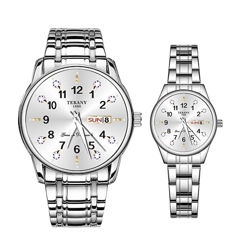 Coffret de montres à quartz pour couple 2 pièces – cadran numérique rond, étanchéité IPX7, aiguilles lumineuses, double calendrier (date et jour), bracelet en alliage, style professionnel unisexe, idéal pour les rendez-vous et les cadeaux