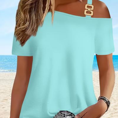 TEMU 1pc Women’s Chic Off-shoulder Summer T-shirt - Light Blue, Elegant Cold Shoulder Design With Detail, Breathable Short Sleeve Top For Beach Or Casual , Beach Shirt Image