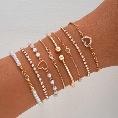 TEMU 8pcs Elegant Fashion Bracelet Set, Heart Charm Open Cuff Bangle, Rhinestone & Pearl Accents, Alloy Jewelry For Women, Versatile Layering For Daily & Party Wear Image
